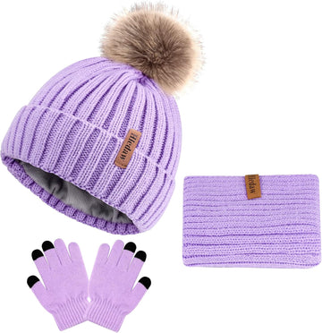 Kids Winter Hats Gloves Scarf Set Touchscreen Glove With Removable Pompom Fleece Lined Toddler Beanie Hat for Boy Girl