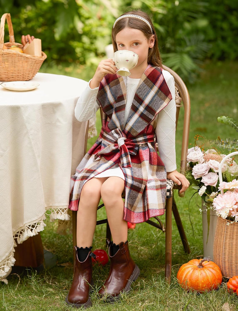 Girls Long Sleeve Plaid Cardigan Dress Set 3Pcs Belt Outfit