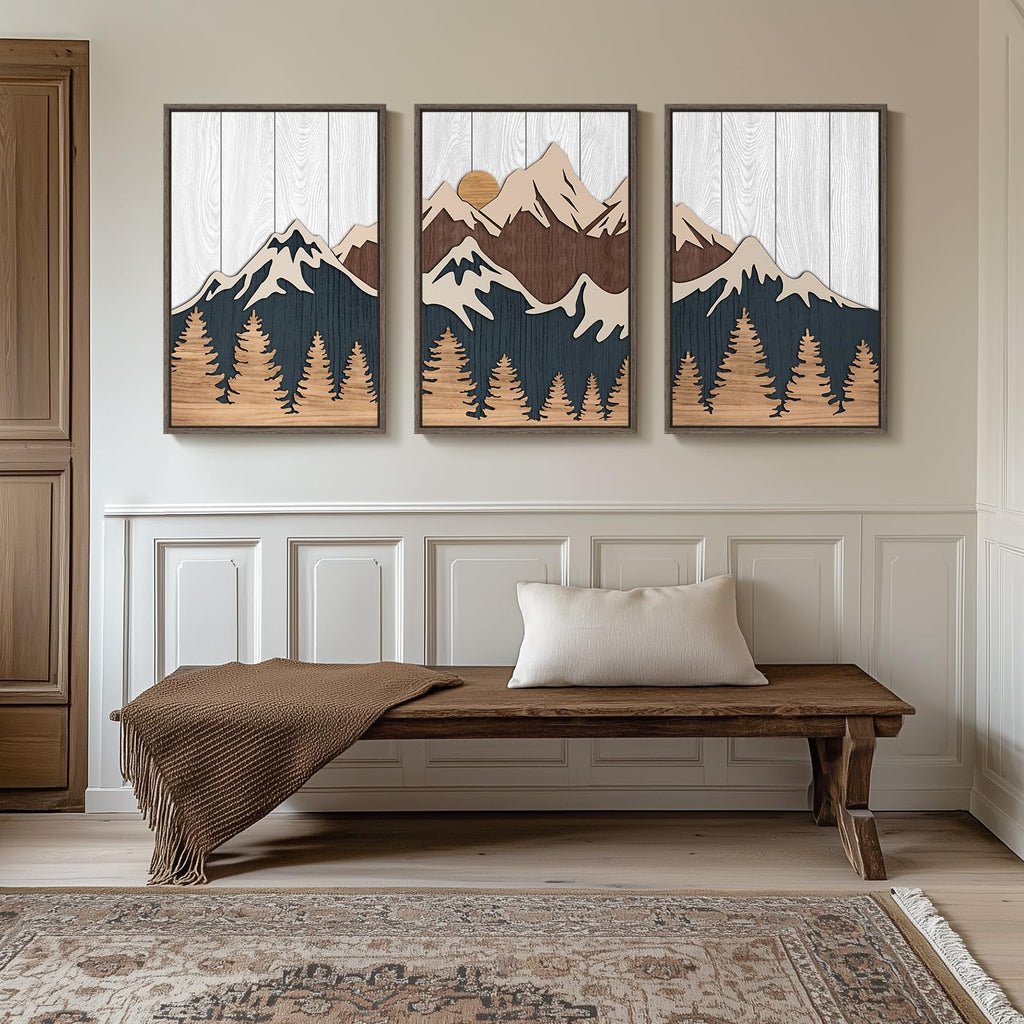 Large Framed 3D Wood Mountain Wall Art Decor, 24x36 Inch
