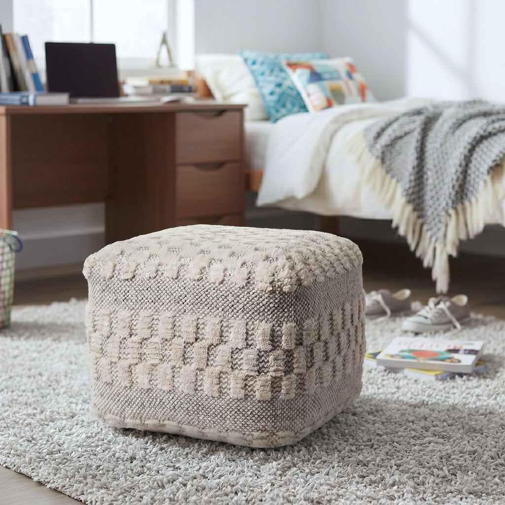 LR Home Cream Tufted Checkered Geometric Pouf