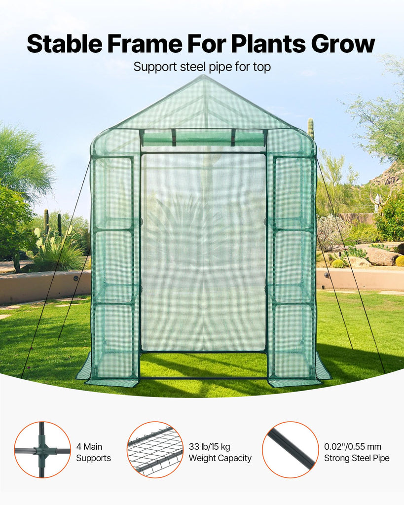 Walk-in Greenhouse, 55.5" x 28.3" x 78.7" Greenhouse for Outdoors with PE Cover, 2 Tiers 4 Shelves, Roll-Up Zipper