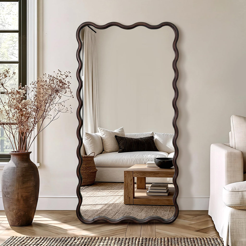 Full Length Mirror, 56"x28" Boho Wavy Floor Mirror, Dark Brown