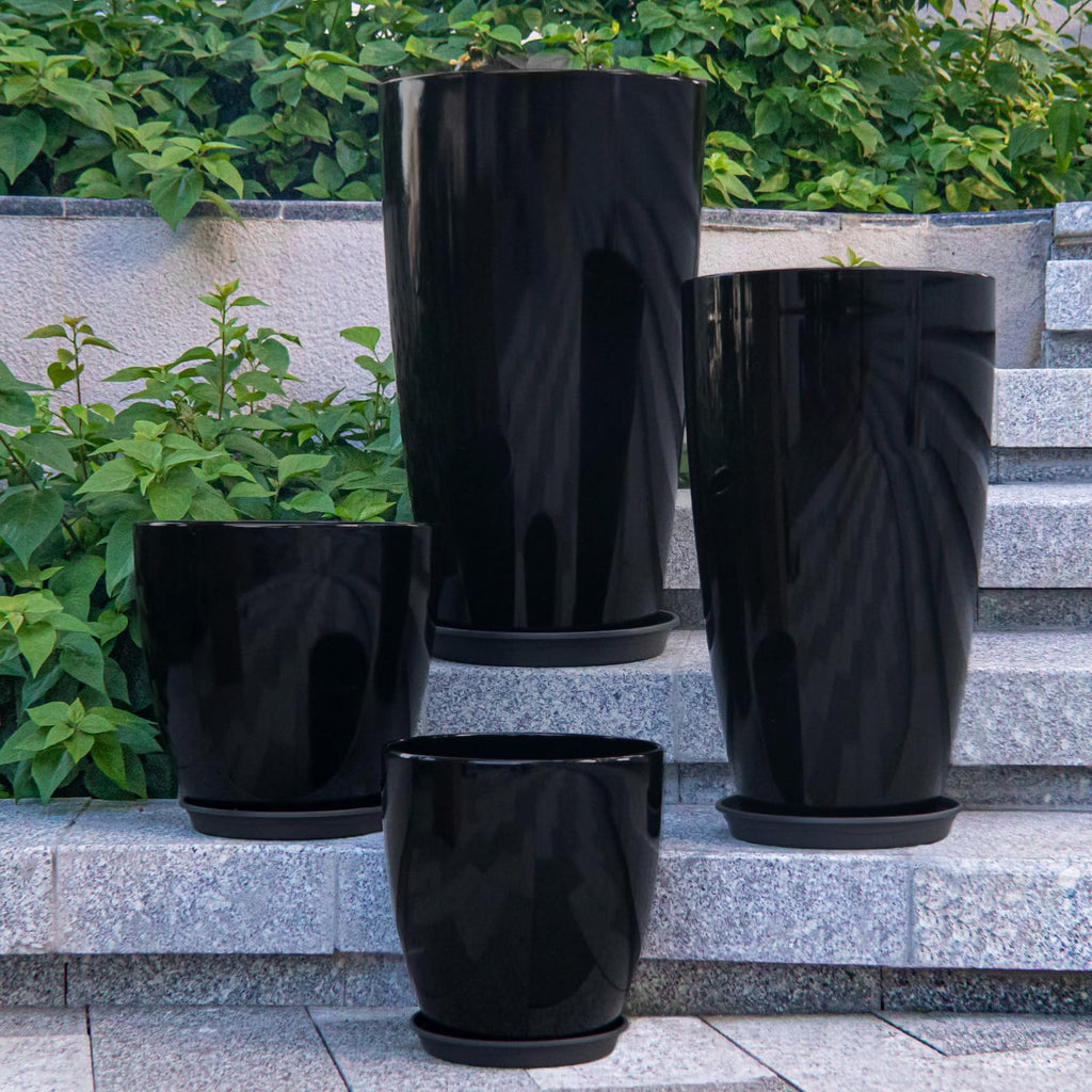 24/21/12/10" H Large Plastic Planters with Drainage Hole and Saucer -Set of 4 Tall Plant Pots for Indoor & Outdoor