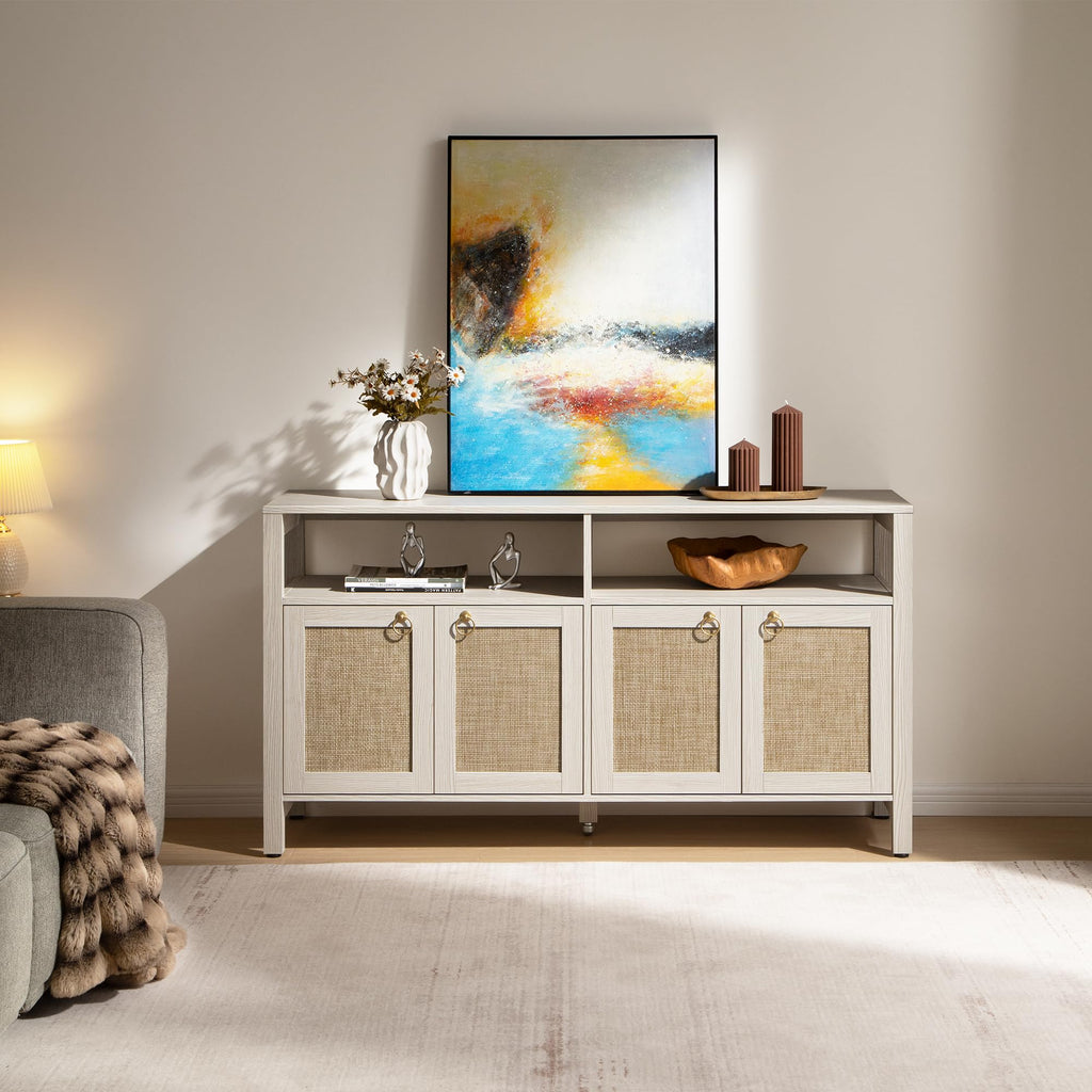 Large Boho Rattan TV Stand Entertainment Center Cabinet for 120" TV