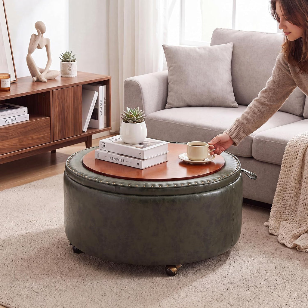 29" Large Round Storage Ottoman with Tray , Green | Ottoman with Tray & Wheels, Round Coffee Table, Footrest Stool