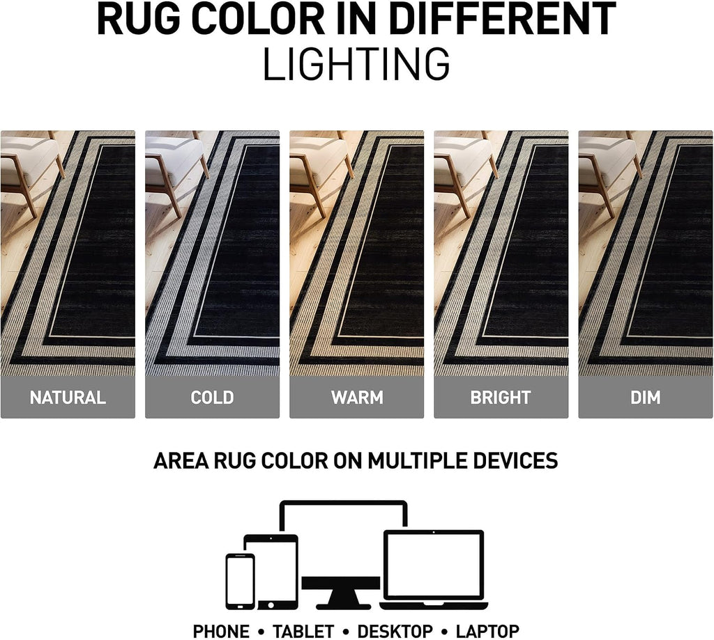 Striped Border Machine Washable Non-Slip Runner Rug, Black