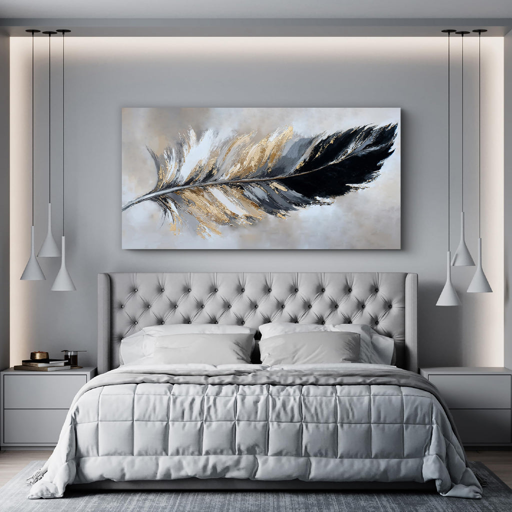 Black Gold Abstract Wall Art Minimalist Feather Canvas 20"X40"