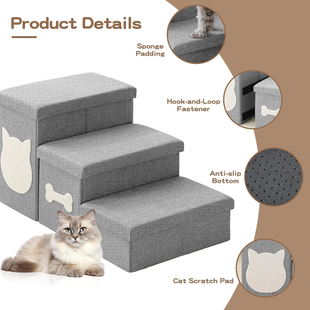 3-Step Dog Stairs for Small Dogs, Folding Dog Steps for Bed, Grey