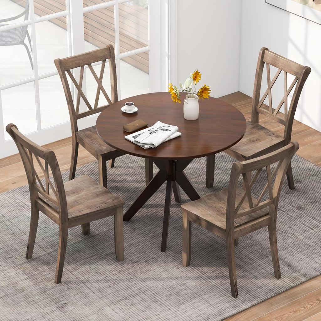 Solid Rubberwood Dining Chairs, Set of 4, Brown Farmhouse X-Back