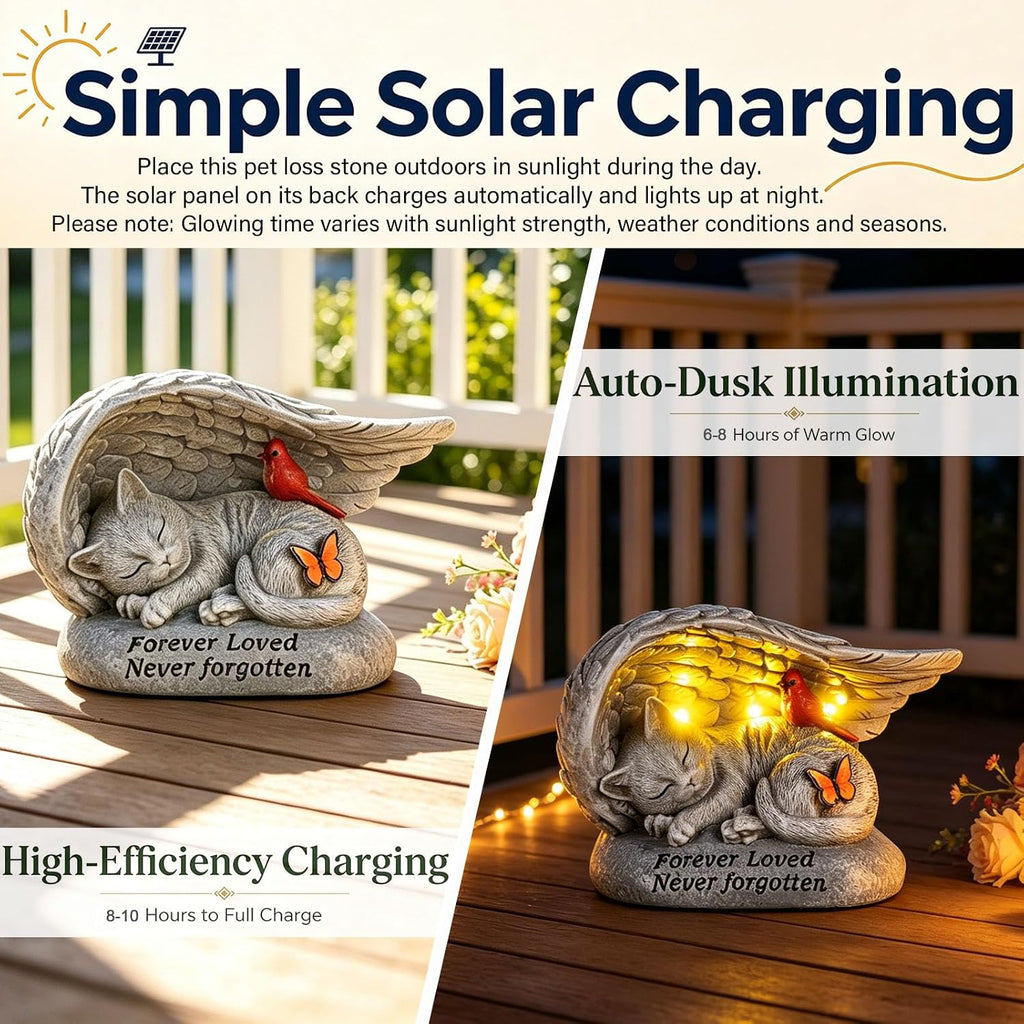 Cat Memorial Stones with Solar Angel Wing Cardinal Butterfly 8 Inch