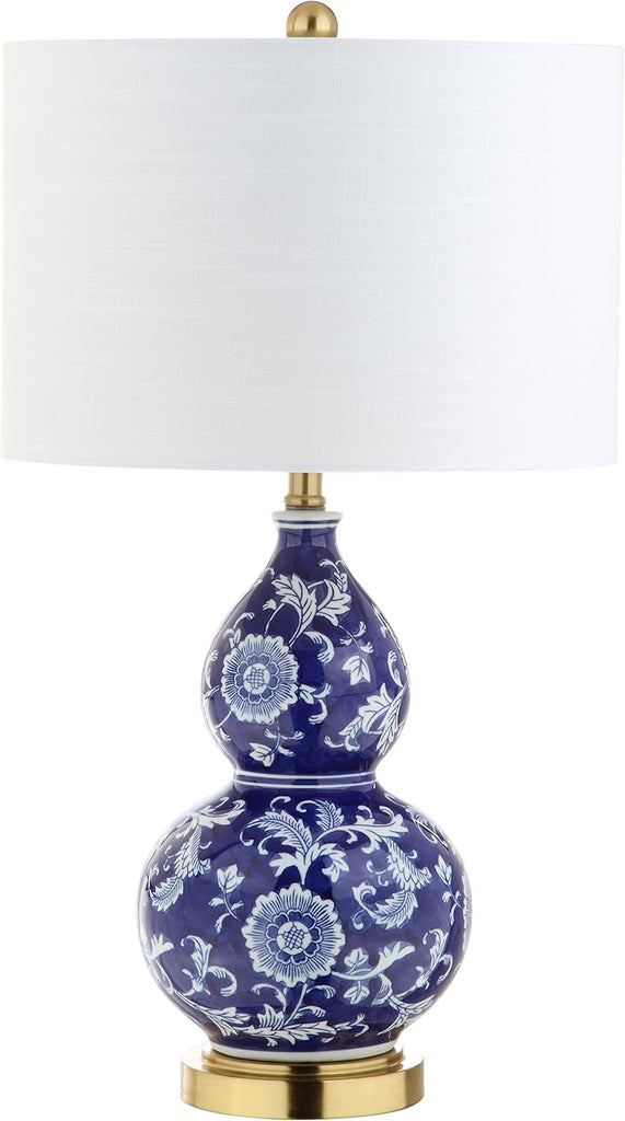 27" Blue/White Ceramic Chinoiserie Table Lamp, Traditional Floral Double Gourd Vase Lamp with White Linen Drum Shade