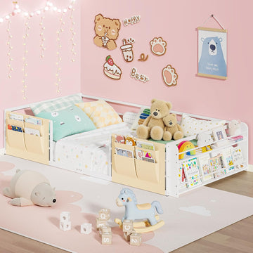 Montessori Floor Bed for Kids with 2-Tier Bookcase and Caddy