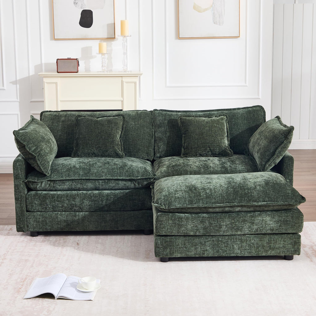76.7" W Green Deep Seat Cloud Loveseat Sofa Sectional Couch, Chenille 2 Seat L Shaped Modular with Ottoman Chaise Set