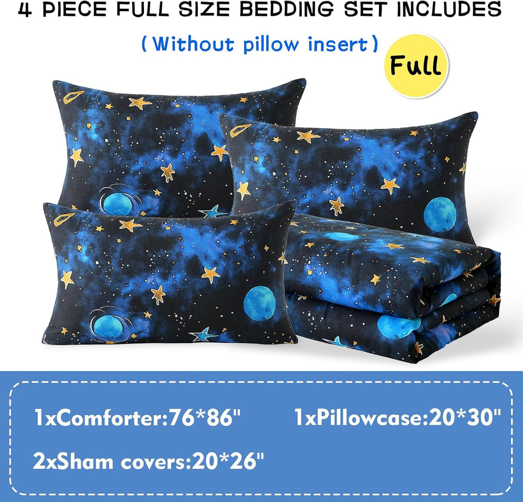 Kids Comforter Sets Full for Boys, Glow in The Dark Blue Starry Sky Space Bedding Set 4 Pieces - Boy Soft Bed Set