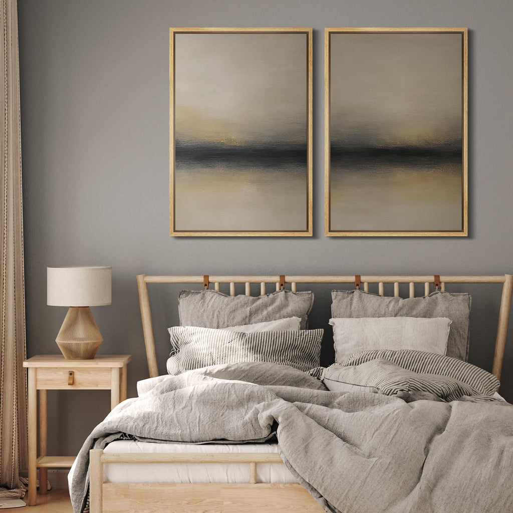 Framed Canvas Print Wall Art Abstract Sunset Horizon Modern Minimalist Beige and Black Illustrations Modern Art