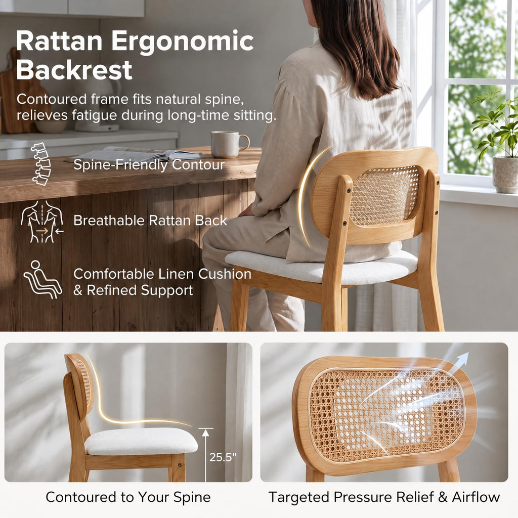 Rattan Counter Height Bar Stools Set of 3 Modern Farmhouse Barstools with Cane Backs 26 Inch Wood Counter Stool