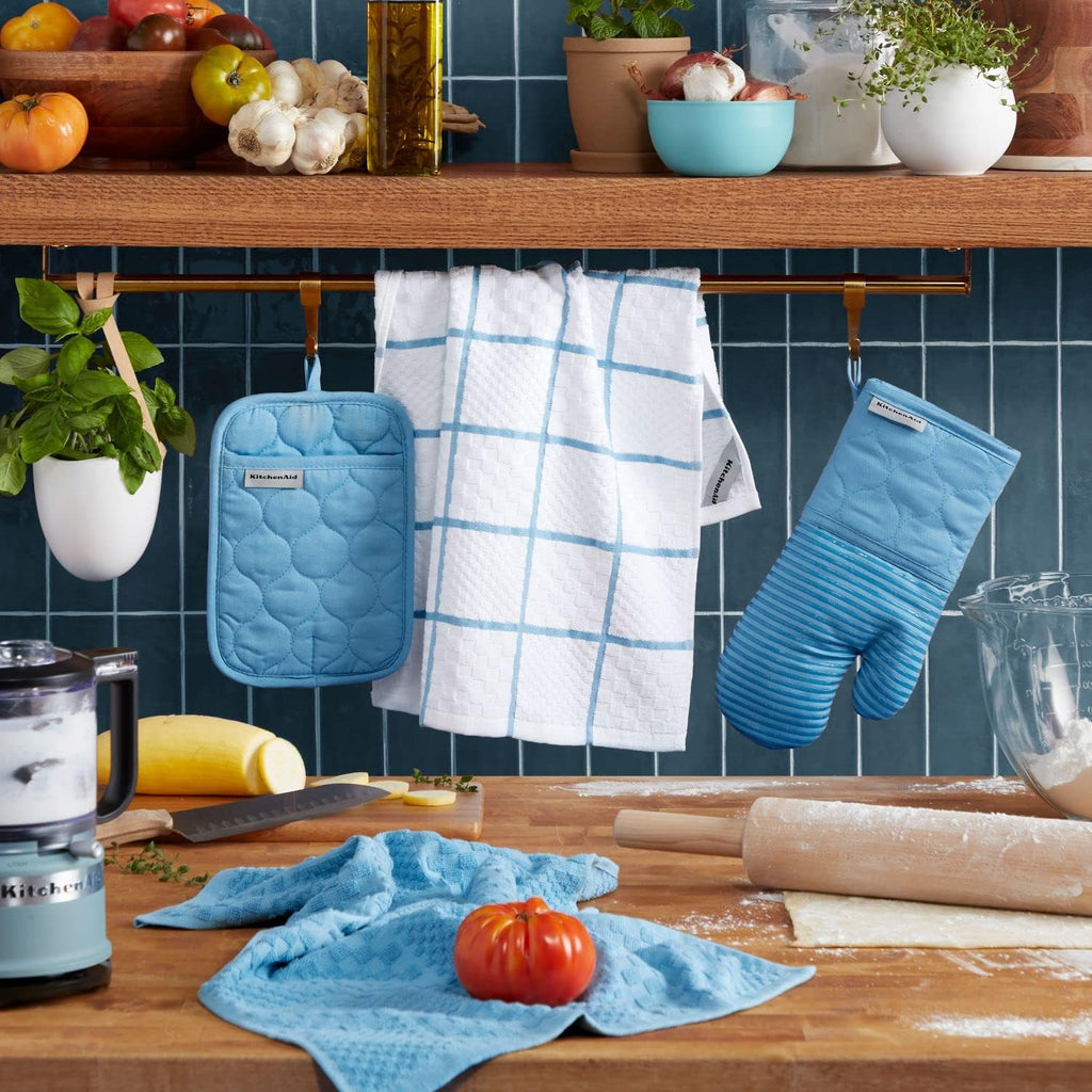 Quilted Cotton Terry Cloth Oven Mitt, Pot Holder, Kitchen Towel 4-Pack Set, Heat Resistant, Silicone Grip, Gift Set