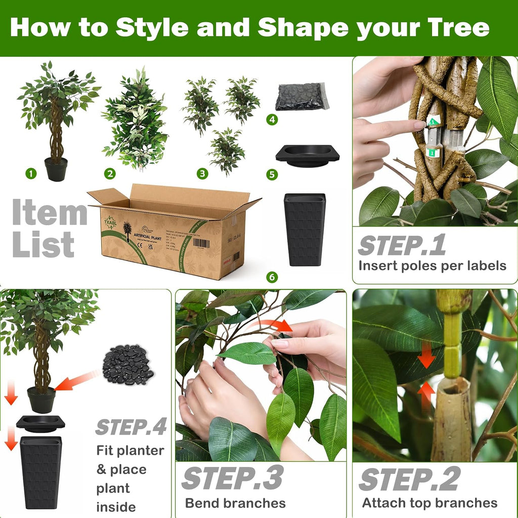 7FT Artificial Ficus Tree, 84 Inch Realistic Faux Silk Ficus Floor Plant with Black Planter & Pebbles, Tall Fake