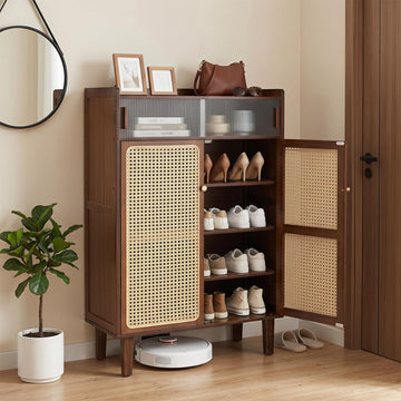 Bamboo Shoe Cabinet w/Woven Rattan Doors, Shelves & Sliding Doors