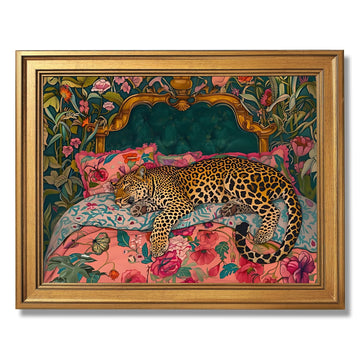 Gold Framed Sleeping Leopard Wall Art Luxury Jungle Colorful Cheetah Animal Poster Retro Maximalist Tropical Floral