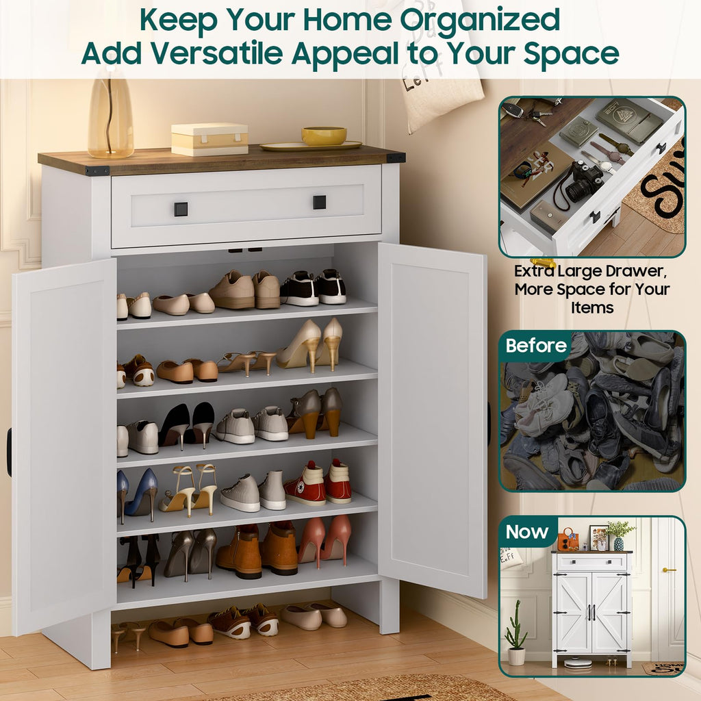 Shoe Storage Cabinet, 5-Tier Farmhouse Shoe Cabinet with Adjustable Shelves & Drawer, Wooden Shoes Rack Cabinets