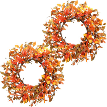 2 Pcs 22'' Fall Wreaths for Front Door Autumn Wreaths with Berries Harvest Eucalyptus Leaves Orange Gold Leaves Wall