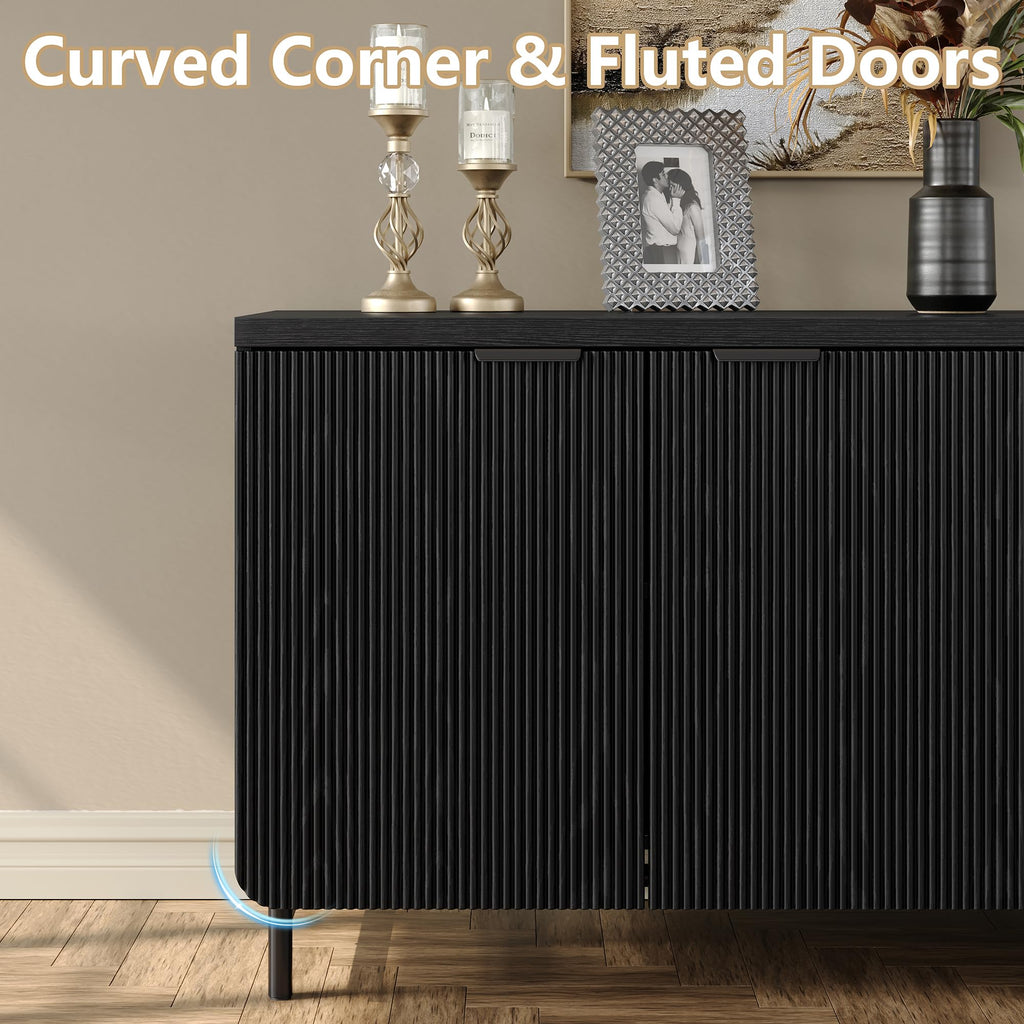 66.2''W Large Fluted Buffet Cabinet with 4 Doors & Shelves Wood Sideboard Buffet Table Storage Cabinet Modern Accent