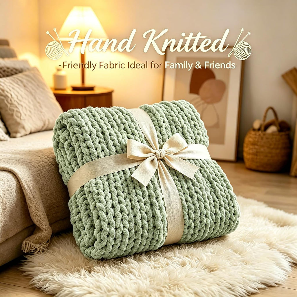 Chunky Knit Blanket Throw, 100% Hand Knit Chenille Throw Blanket, Soft and Cozy Knitted Throw Blankets (Sage