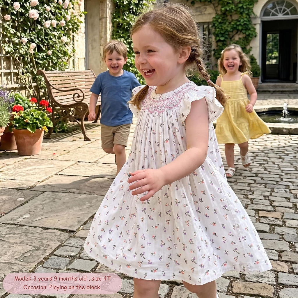 Baby Girl Smocked Dress Summer Casual Short Sleeve Dresses Floral Print Sundress Princess Dress for Toddlers
