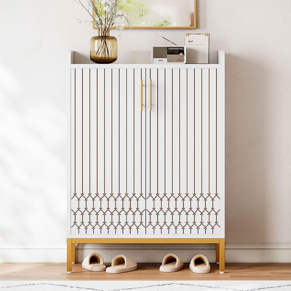 5-Tier Shoe Cabinet with Carved Lines Doors, Large Wooden Shoe Storage Cabinet with Adjustable Shelves, Modern