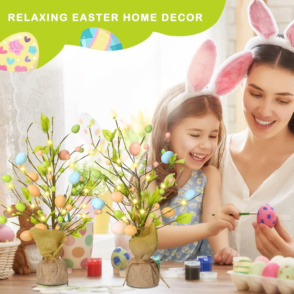 Easter Egg Tree Decorations 18 Inch Pre Lit Easter Egg Tree Tabletop Decor with LED Light Spring Party - Set of 2