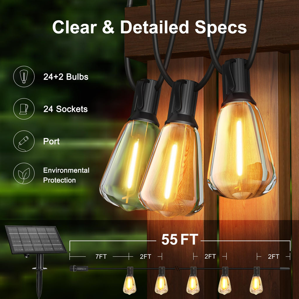 55FT Solar String Lights, Outdoor with Remote 24+2 ST38 LED