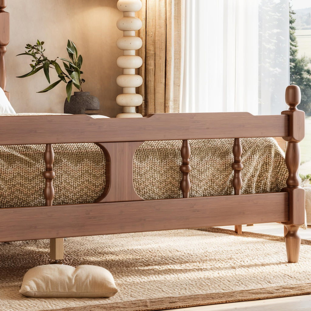 Queen Vintage Wood Spindle Post Bed, Bamboo Platform Bed, Brown
