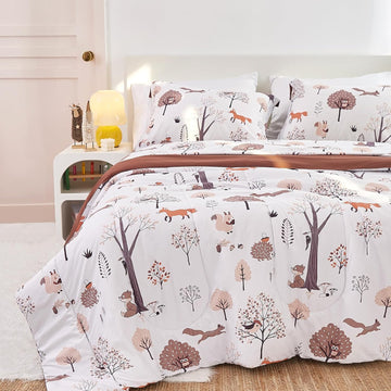 Kids Comforter Set for Boys Girls Full, Cute Quilted Woodland Forest Animal Print Fall Bedding with Pillow Sham
