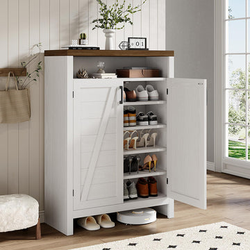 6-Tier Shoe Cabinet with Doors, Farmhouse Shoe Storage Cabinet, White