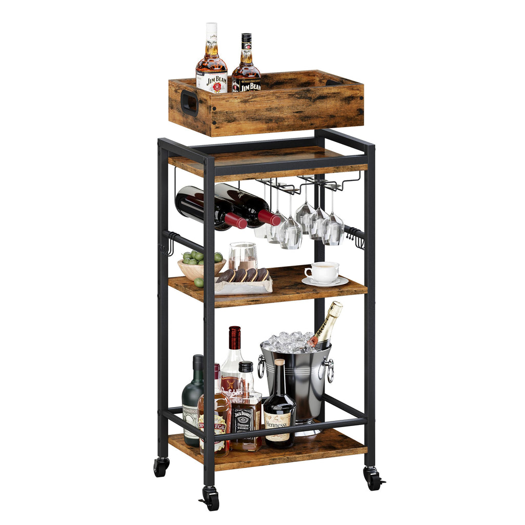 3 Tier Rolling Bar Cart with Wheels, Wine Cart with Removable Tray, Rustic Bar Carts Small, Drink Cart for Small
