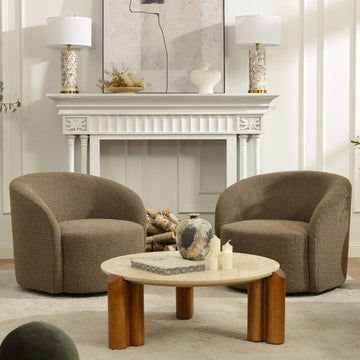 34" W No Assembly Boucle Swivel Barrel Chairs Set of 2, Teddy Brown