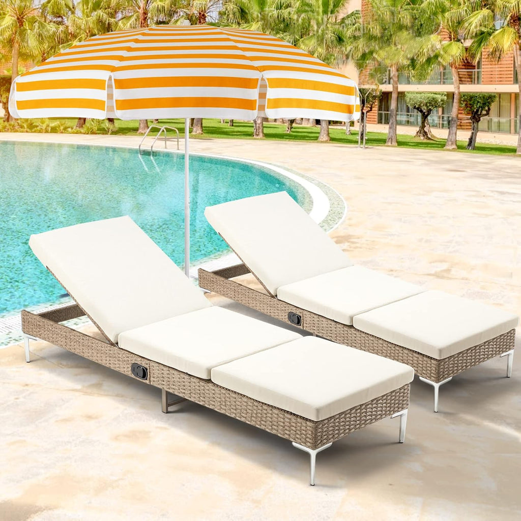 Outdoor Chaise Lounge Chair Set of 2, Patio Wicker Lounge Chairs with Adjustable Backrest