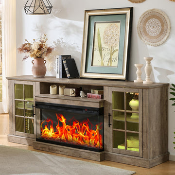 3 Sided Glass 80" for TVs up to 90inch, Media Entertainment Center with Glass Door Storage Cabinet, 36" Electric