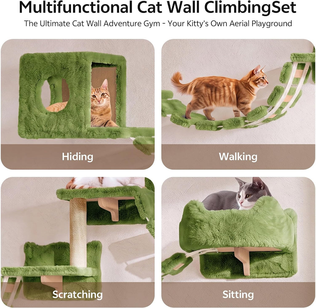 Cat Wall Furniture, 13 in 1 Moon & Bridge Cat Wall Shelves, Green