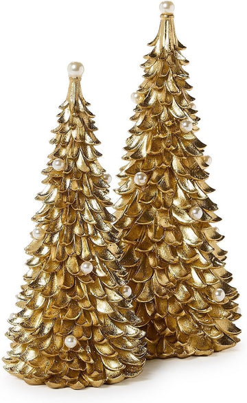 Tree with Pearl Accent Figurine, Set of 2, 10-12-inches Height, Gold, Resin/Plastic