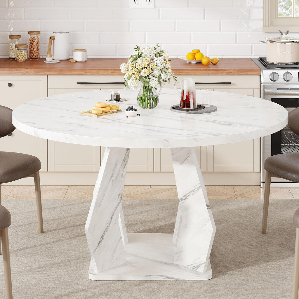 White Marble Round Dining Table, Modern Wood Dinner Tables, 47 Inch