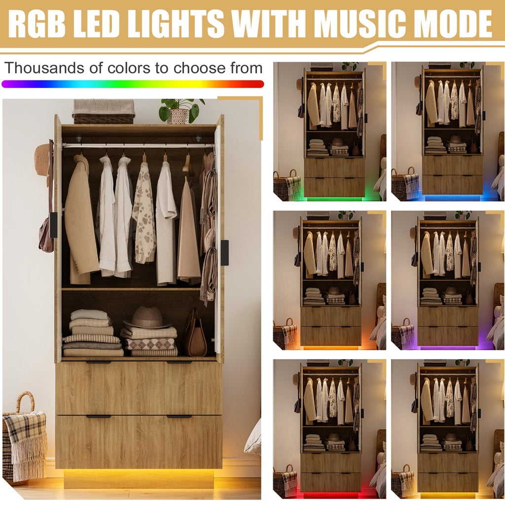 Wardrobe Closet with 2 Doors, Pegboard and Mirror, Wood Armoires