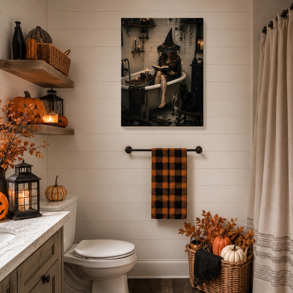 Halloween Canvas Wall Art, Witch in Bathtub with Cat Halloween Pictures