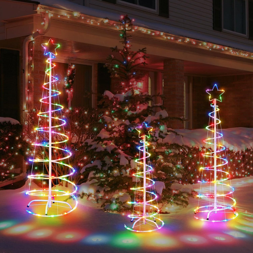 3 Packs Christmas Spiral Tree with Lights, 3/4/5 FT Lighted Xmas Collapsible Tree with Metal Stakes for Indoor &