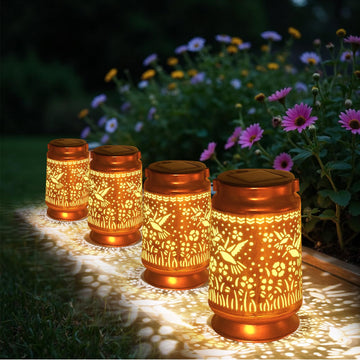 Lantern Outdoor Hanging 4PCS - Metal Hummingbird Solar Lights with Floral Projection, IP65 Waterproof, Auto On/Off