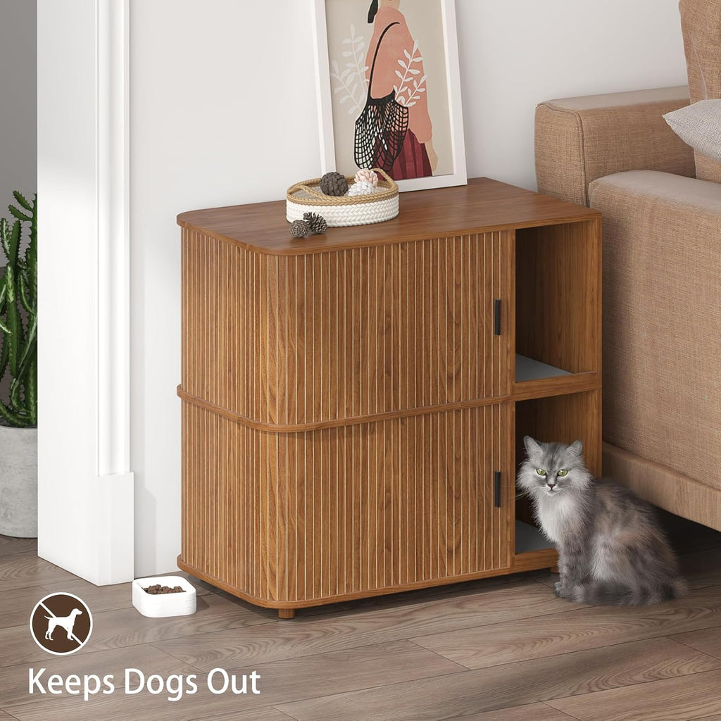 Double Cat Litter Box Enclosure with Sliding Doors & Ventilation, Walnut