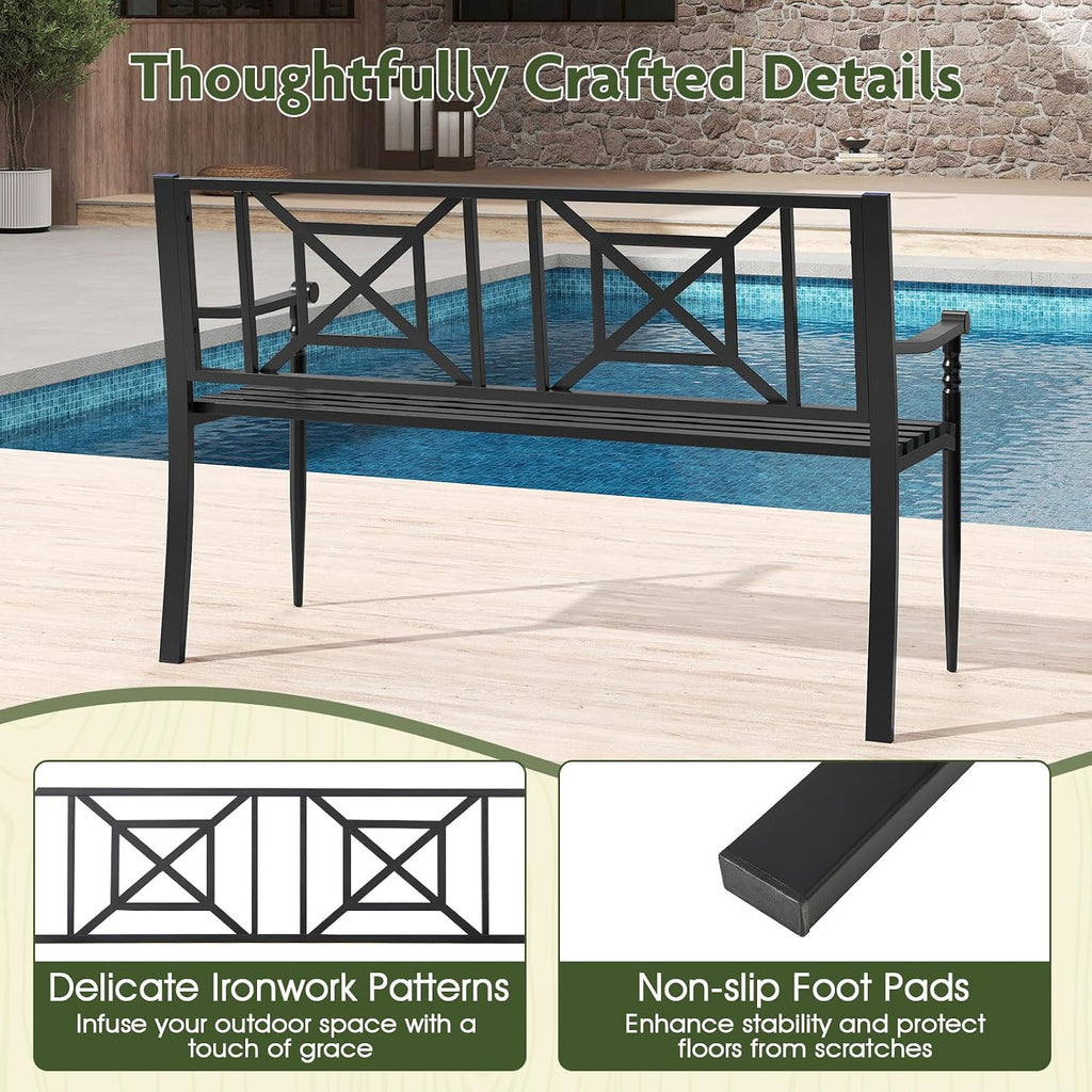 Metal Outdoor Bench with Backrest, Curved Armrests, Non-Slip Foot Pads, Slatted Seat for 2-3 Persons, Load 660lbs