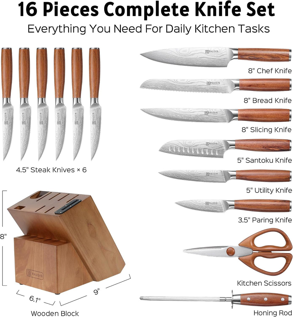 16-Piece Kitchen Knife Set with Block, Built-in Sharpener, Ultra Sharp 5Cr15Mov Stainless Steel Chef Knives, Natural