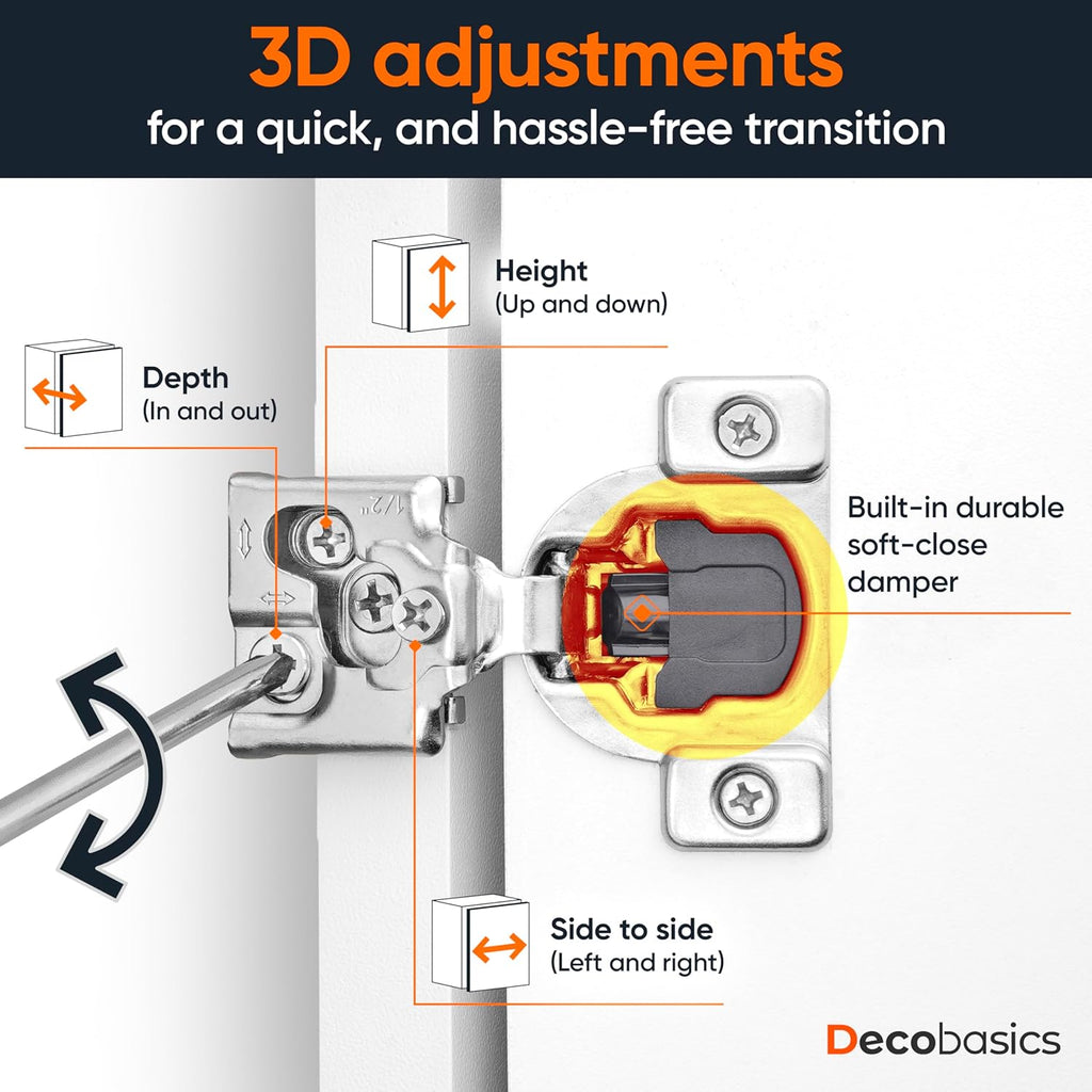 50 Pack Soft Close Cabinet Hinges - 1/2" Overlay Doors, Slow Self-Closing Concealed Hidden Hinges for Face Frame